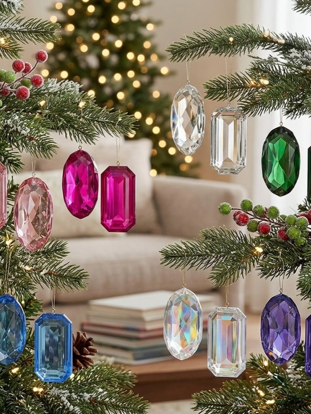 Set of 2 - 5" Gem Christmas Ornaments Faceted Acrylic Jewel Oval & Rectangle